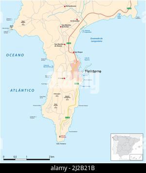 Mappa di Capo Finisterre sulla costa occidentale della Galizia, Spagna Illustrazione Vettoriale