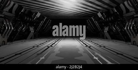 Futuristica Sci Fi luci bianche che si illuminano in pavimento in cemento con Refelctions Empty Space 3D rendering Foto Stock