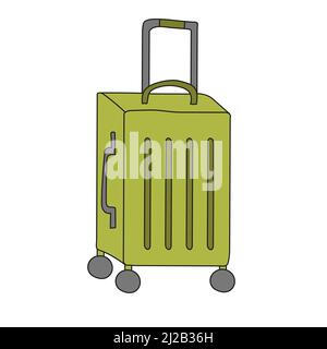 Valigia verde per viaggiare su ruote. In stile cartone animato. Icona semplice per il tuo design. Su sfondo bianco Illustrazione Vettoriale