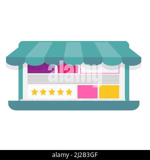 Schermo del laptop con pagina del negozio online. Concept shopping online. Marketing digitale. Notebook con tenda per web design, banner, app, landing page Illustrazione Vettoriale