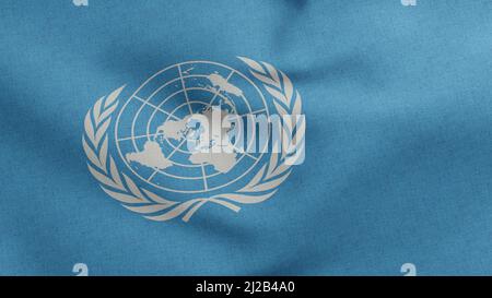 Organizzazione delle Nazioni Unite bandiera ONU 3D Render, organizzazione intergovernativa ONU bandiera tessile, Assemblea Generale ONU: USA, New Foto Stock