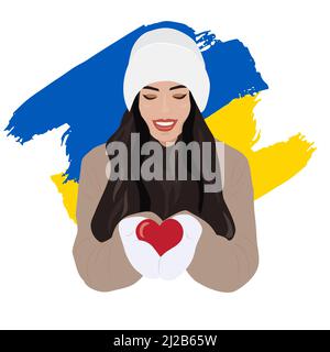 Nessuna guerra in Ucraina poster vettoriale. Donna e un cuore nelle mani. Concetto di crisi militare Ucraina e russa, conflitto tra Ucraina e Russia. S Illustrazione Vettoriale