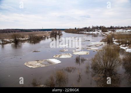 I piccoli galleggianti di ghiaccio bianco galleggiano lentamente lungo il fiume. Primavera, neve si scioglie, erba secca tutto intorno, le inondazioni iniziano e il fiume trabocca. Giorno, tempo nuvoloso, luce calda e soffusa. Foto Stock