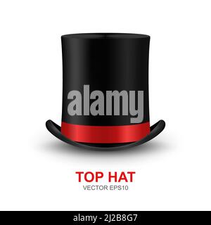 Vector 3D Realistic retro, Vintage Black Top Hat con icona a nastro rossa Closeup isolato su sfondo bianco. Modello di progettazione di Top Hat, Mockup Illustrazione Vettoriale