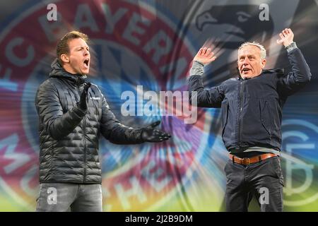 Bochum, Germania. 31st Mar 2022. PHOTO MONTAGE: Anteprima del gioco Bundesliga SC Friburgo-FC Bayern Monaco di Baviera. Coach Julian NAGELSMANN (FC Bayern Monaco di Baviera) incontra Christian STREICH, coach (SC Friburgo). ¬ Credit: dpa/Alamy Live News Foto Stock