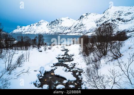 Il fiume Ersfjordelva che confluisce nel fiordo di Ersfjord, un fiordo della Norvegia settentrionale, vicino a Tromso nella contea di Troms, in Norvegia, in un freddo pomeriggio invernale Foto Stock