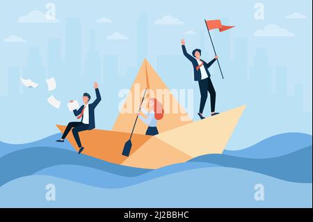 Leader di successo con bandiera barca a vela, il suo team utilizzando paddle. Colleghi e boss che viaggiano in un oceano di opportunità. Illustratio vettoriale Illustrazione Vettoriale
