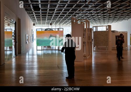 New York, NY - 29 marzo 2022: I visitatori hanno visto vedere le installazioni d'arte durante l'anteprima della stampa al Whitney Museum of American Art Foto Stock