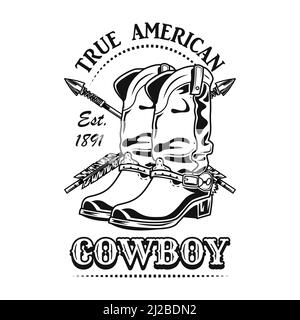 Vera illustrazione vettoriale cowboy americana. Stivali da cowboy e frecce incrociate con testo. Concetto di stile di vita per la cultura, gli argomenti occidentali, il club o la comunità Illustrazione Vettoriale