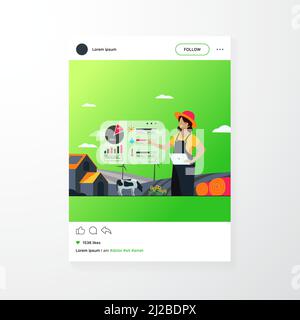 Felice agricoltore che lavora in azienda per alimentare popolazione piatta vettore illustrazione. Fattoria cartoon con tecnologia di automazione. Agricoltura intelligente e implementazione Illustrazione Vettoriale
