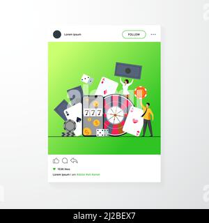 Felice gente molto piccola che gioca nel casino online isolato vettore piatto illustrazione. Personaggi cartoon che giocano alla roulette, al poker, al blackjack. Denaro e ris Illustrazione Vettoriale