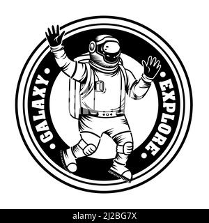 Vintage spaceman esplorando galassia illustrazione vettoriale. Astronauta monocromatico in spacesuit e casco. È possibile utilizzare il concetto di scienza e esplorazione dello spazio Illustrazione Vettoriale