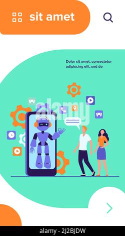 Giovane coppia che parla con l'assistente robotico sullo schermo dello smartphone. Chatbot aiuta i clienti a risolvere i loro problemi. Illustrazione vettoriale per il cliente sup Illustrazione Vettoriale