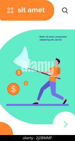 Uomo che cattura denaro con la rete di farfalle. Contanti, monete, dollaro flat vettore illustrazione. Finanza, guadagno, concetto di reddito per banner, sito web design o la Illustrazione Vettoriale