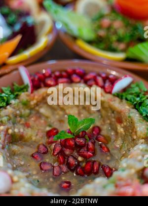 Diversi antipasti libanesi e insalate insieme sul tavolo. Focalizzato su baba ghanoush Foto Stock