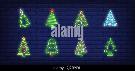 Set di cartelli al neon dell'albero di Natale. Abete decorato, etichetta, fiocco di neve, silhouette, spirale. Illustrazione vettoriale in stile neon, banner luminoso per argomenti come Illustrazione Vettoriale