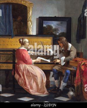 Un uomo e una donna seduti da un Virginale dell'artista olandese Gabriël Metsu (1629–1667), olio su quercia, c.. 1665 Foto Stock