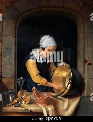 Una vecchia donna che fa un'opera di Godfried Schalcken (1643-1706), olio di quercia, 1660s Foto Stock