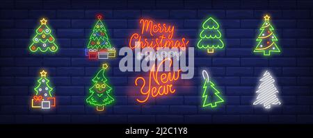Set di cartelli al neon per albero di nuovo anno. Decorazione, abete, etichetta, silhouette, regali. Illustrazione vettoriale in stile neon, banner luminoso per argomenti come Xmas, CHRI Illustrazione Vettoriale