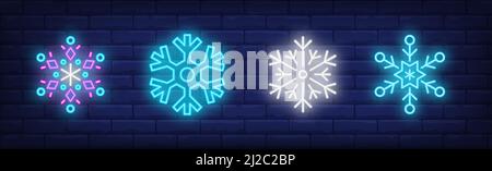 Set di segnali per le cascate di neve. Bauble, ornamento, simbolo invernale. Illustrazione vettoriale in stile neon, banner luminoso per argomenti come le feste di dicembre, Natale vac Illustrazione Vettoriale