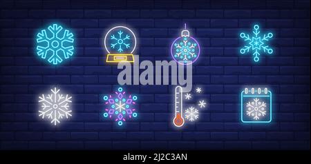 Set di cartelli al neon invernali con fiocchi di neve, bauble, termometro, globo di neve. Illustrazione vettoriale in stile neon per argomenti come le feste di dicembre, Natale, Illustrazione Vettoriale