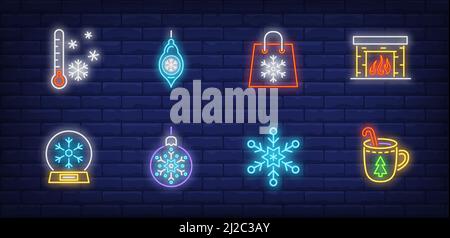 Set di cartelli al neon invernali. Bauble, fiocco di neve, termometro, borsa per la spesa. Illustrazione vettoriale in stile neon per argomenti come le feste di dicembre, natale sal Illustrazione Vettoriale