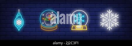 Set di simboli invernali al neon. Bauble di xmas, sfera di vetro, fiocco di neve. Illustrazione vettoriale in stile neon per argomenti come Natale, Capodanno, celebrazione Illustrazione Vettoriale