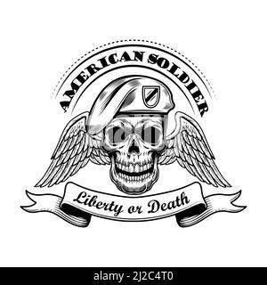 Soldato americano in beret illustrazione vettoriale. Cranio con ali e testo liberty o death. Concetto militare o militare per emblemi o tatuaggio modelli Illustrazione Vettoriale