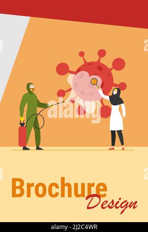 Arabi in costumi di protezione disinfettare zona da virus. Coronavirus, maschera, lente di ingrandimento, immagine vettoriale piatta. Concetto di pandemia e prevenzione per Illustrazione Vettoriale