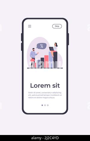 Cliente bancario e manager che discutono del tasso di interesse. Persone che parlano, utilizzando il laptop, grafico a barre di crescita piatta illustrazione vettoriale. Finanziamento, concetto di prestito per b Illustrazione Vettoriale