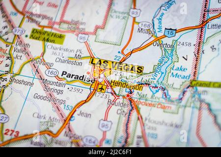 Vista geografica di Las Vegas, Paradise e luoghi vicini. Posizione delle città e delle città degli Stati Uniti Foto Stock