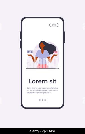 Contanti vs carta di credito. Donna che sceglie tra denaro e plastica carta flat vettore illustrazione. Pagamento, finanza, concetto di budget per banner, sito web desi Illustrazione Vettoriale