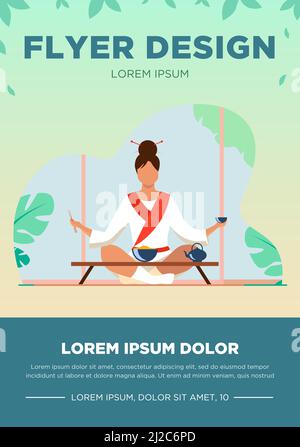 Donna cinese seduta al piccolo tavolo e mangiando. Illustrazione vettoriale piatta del tè, del riso, del chopstick. Tradizione e concetto di nazione per banner, sito web desig Illustrazione Vettoriale