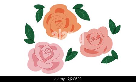 Rose rosa con foglie in stile vintage. Fiori disegnati a mano per decorazione, cartolina, disegno, copertina, confezione. Illustrazione vettoriale in stile retrò Illustrazione Vettoriale