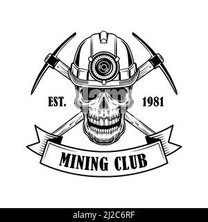 Illustrazione del vettore cranio dei minatori di carbone. Testa di scheletro in casco con torcia, twilbette incrociate e testo. Concetto di utensili di estrazione del carbone per emblemi e cattivi Illustrazione Vettoriale