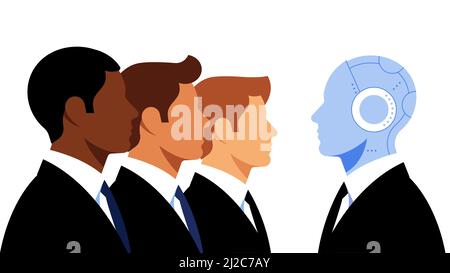 Uomini d'affari in abiti e Artificial Intelligence Manager. Giovani uomini in abiti neri e Robot. Il concetto di lavoro di squadra, business, mercati azionari e tra Illustrazione Vettoriale