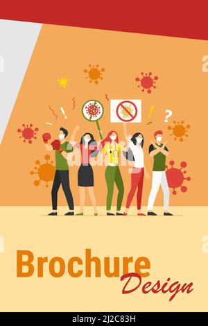 Folla che protestava contro il coronavirus. Persone che indossano maschere mediche, tenendo cartelli con il segno di stop virus. Illustrazione vettoriale per quarantena, società Illustrazione Vettoriale