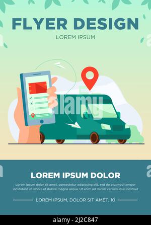 Cliente che utilizza l'app mobile per tenere traccia della consegna degli ordini. Mano umana con smartphone e pulmino di corriere sulla strada con il puntatore della mappa sopra. Illustratio vettoriale Illustrazione Vettoriale