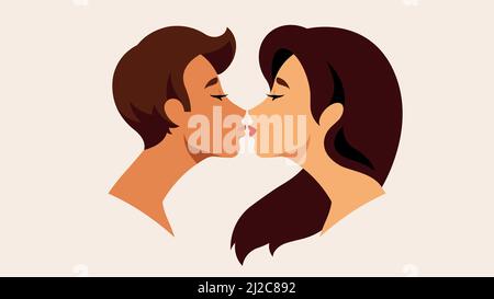 Primo piano ritratto vista laterale di bella donna con capelli lunghi baciare con il suo ragazzo. Bella coppia, silhouette umane, vista laterale. Contemporaneo Illustrazione Vettoriale