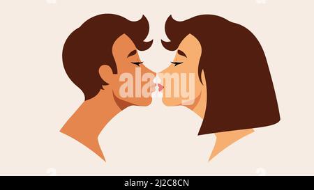 Bacio tenero tra giovane e donna. Cadere nell'amore la gente sta baciando. Bella coppia, silhouette umane, vista laterale. Concetto di amore, i dati Illustrazione Vettoriale