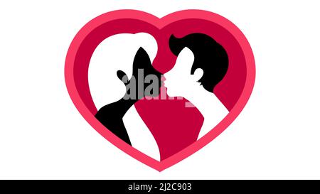 Silhouette di persone che bacia sullo sfondo del cuore rosso gigante. Astratto giovane coppia, silhouette maschile e femminile, vista laterale. Moderno vettore moderno Illustrazione Vettoriale