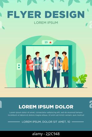 Dipendenti che utilizzano un ascensore per uffici. Uomini d'affari in cabina ascensore con porte aperte. Illustrazione vettoriale per l'architettura, business i Illustrazione Vettoriale