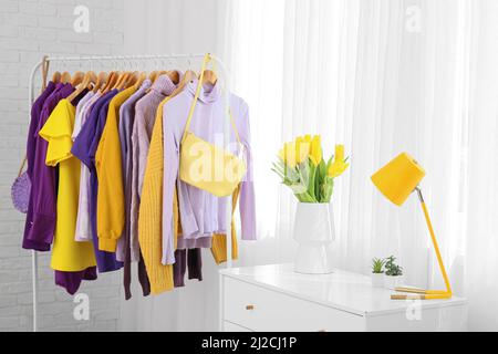 Tulipani in vaso e lampada in commode, rack con vestiti vicino tenda di luce Foto Stock