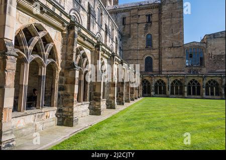 Dettagli sul cortile interno della cattedrale di Durham. Inaugurato nel 1133, la cattedrale è il più grande edificio in stile normanno d'Inghilterra Foto Stock