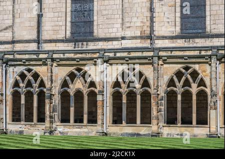 Dettagli sul cortile interno della cattedrale di Durham. Inaugurato nel 1133, la cattedrale è il più grande edificio in stile normanno d'Inghilterra Foto Stock