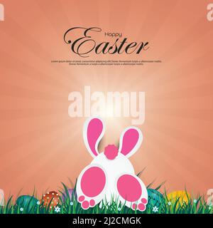 Buona Pasqua. Divertente coniglio che gioca con i fiori in mezzo a bella erba con colorate uova di Pasqua sullo sfondo delle razze. Illustrazione Vettoriale
