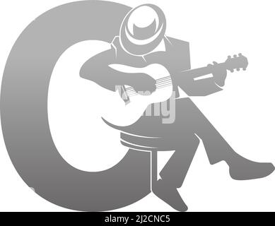 Silhouette di persona che suona la chitarra accanto alla lettera o vettore di illustrazione Illustrazione Vettoriale