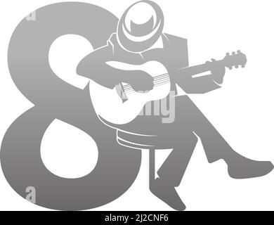 Silhouette di persona che suona la chitarra accanto al vettore di illustrazione numero 8 Illustrazione Vettoriale