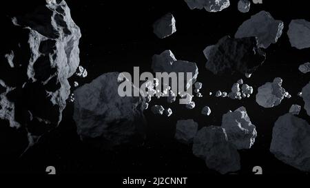 Asteroidi campo in profondo spazio con volo lineare attraverso. 3D rendering Foto Stock