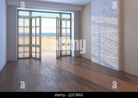 Camera vuota con vista mare. Interno con finestre aperte che si affacciano sull'oceano, sabbia gialla e le nuvole. Pavimento in parquet scuro e parete in stucco beige con mattoni bianchi. 3D rendering, 8K Ultra HD Foto Stock